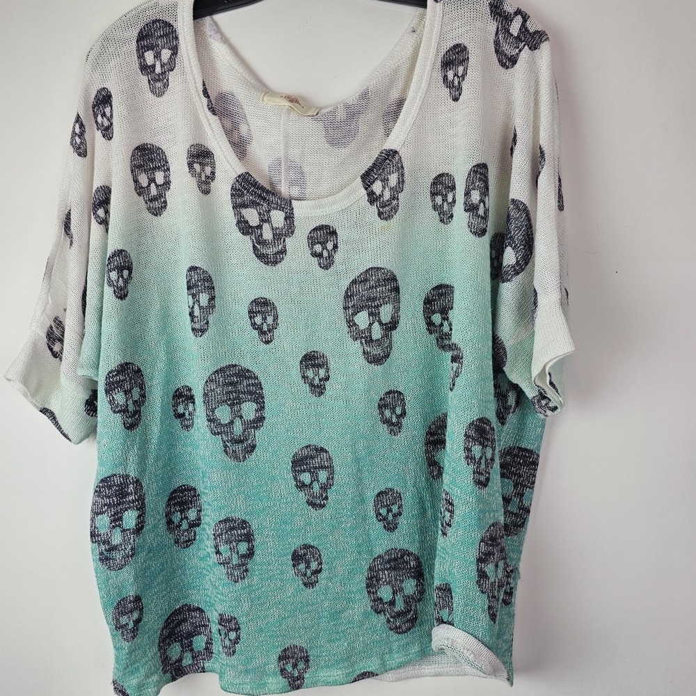 Blushed Womens‎ 2X Pullover Sweater Blue Gray Skulls Print Knit Top